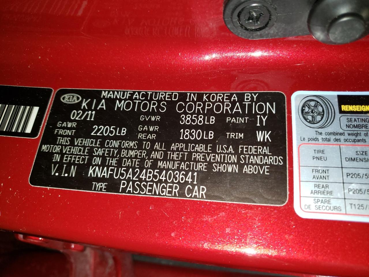 Photo 10 from auction – 2011 KIA FORTE EX with VIN KNAFU5A24B5403641