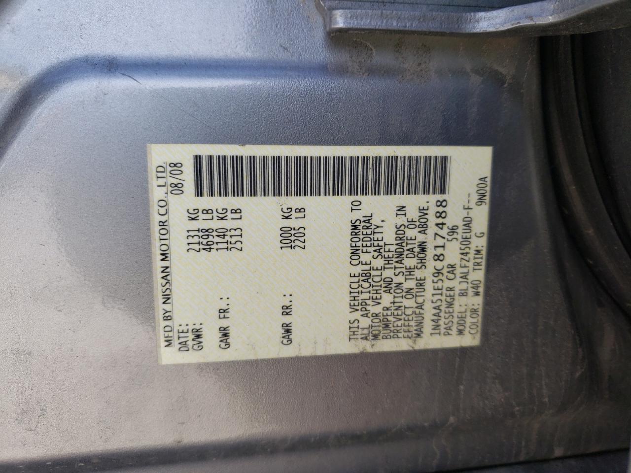 Photo 10 from auction – 2009 NISSAN MAXIMA S with VIN 1N4AA51E59C817488