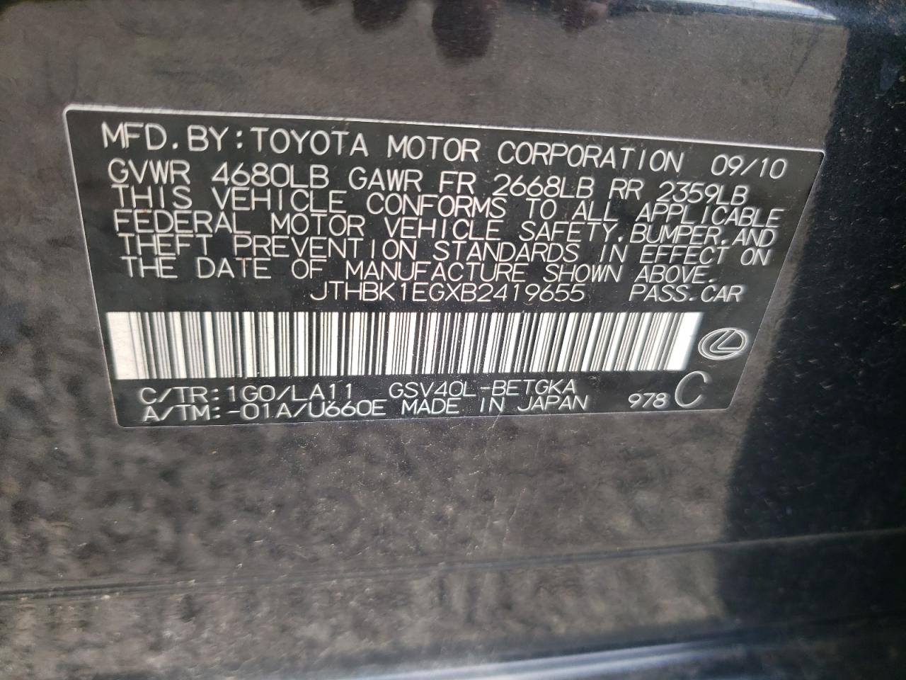 Photo 10 from auction – 2011 LEXUS ES 350 with VIN JTHBK1EGXB2419655