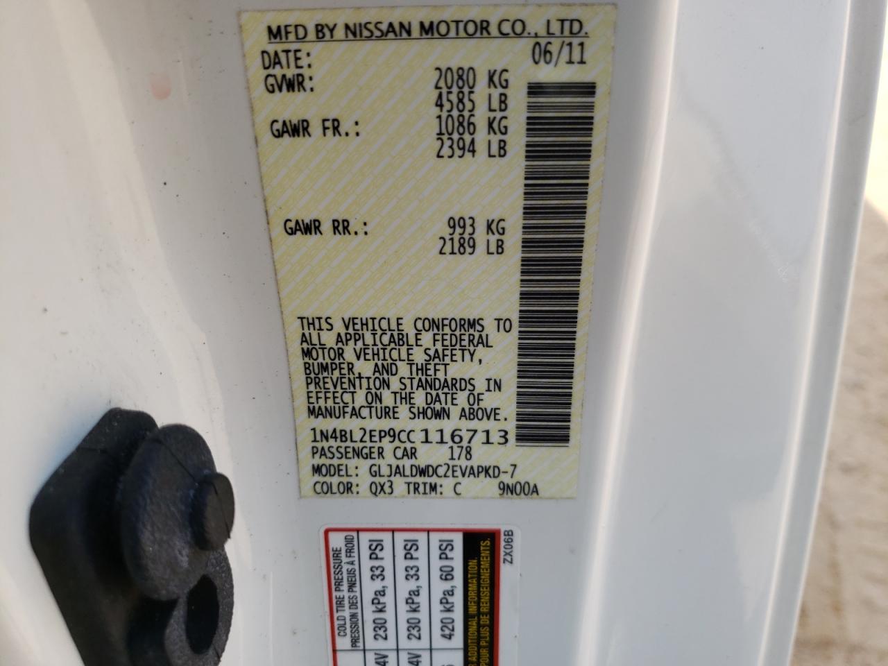 Photo 10 from auction – 2012 NISSAN ALTIMA SR with VIN 1N4BL2EP9CC116713