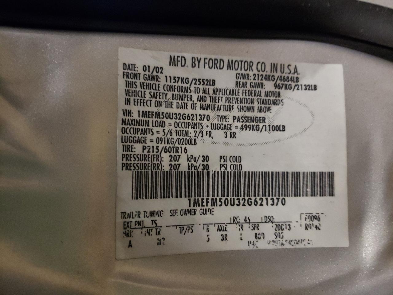 Photo 10 from auction – 2002 MERCURY SABLE GS with VIN 1MEFM50U32G621370
