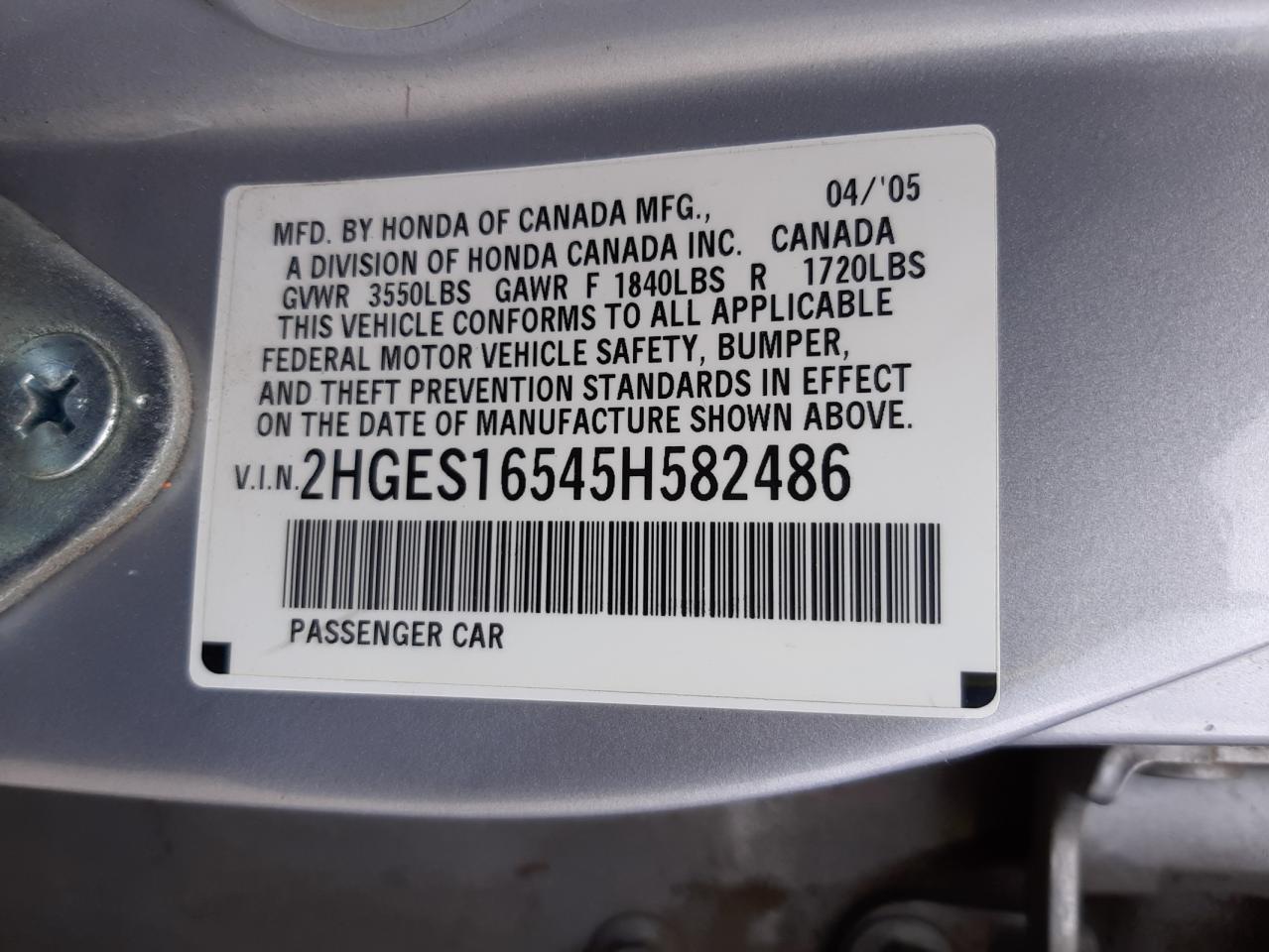 Photo 10 from auction – 2005 HONDA CIVIC LX with VIN 2HGES16545H582486