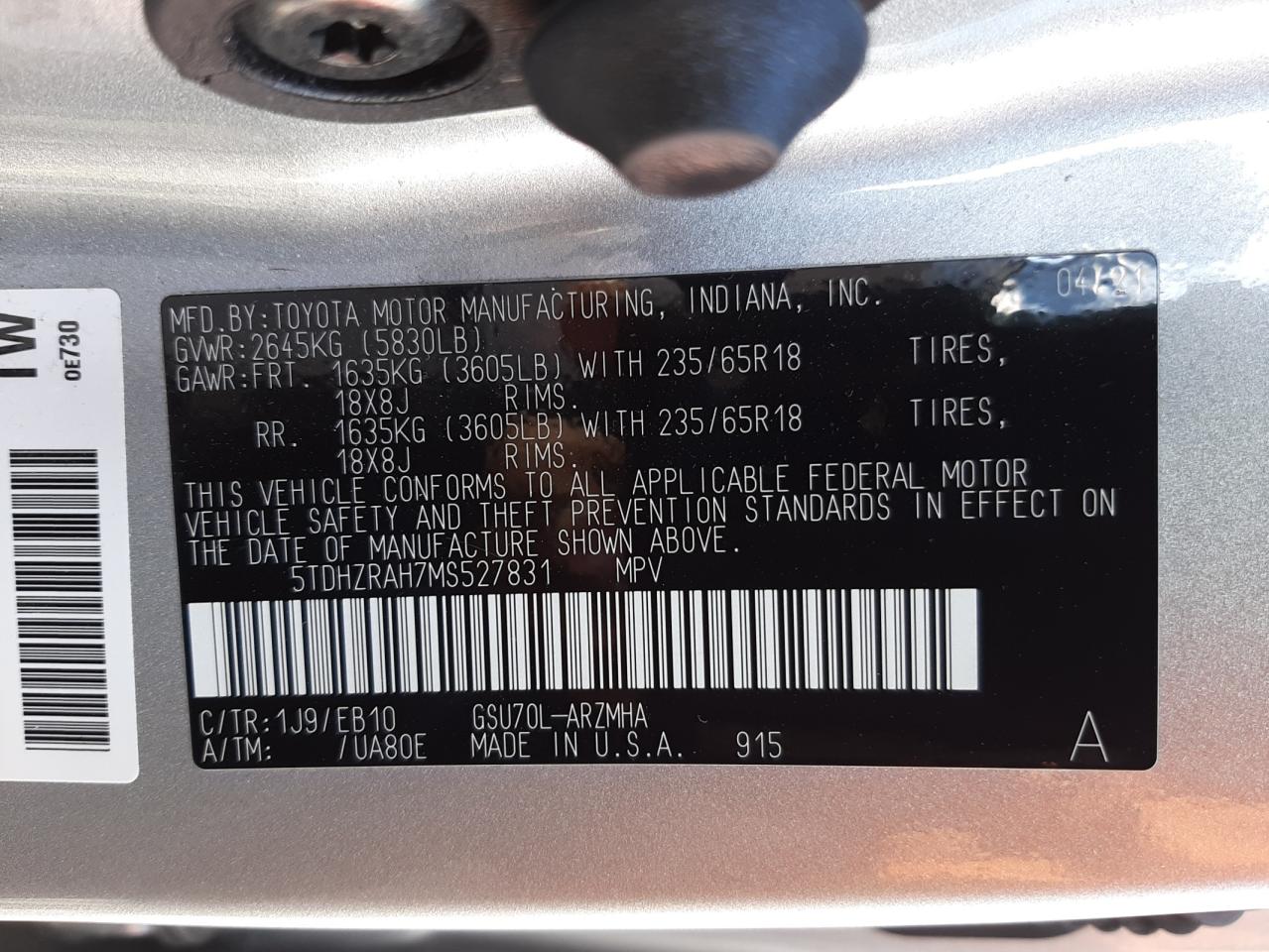 Photo 10 from auction – 2021 TOYOTA HIGHLANDER with VIN 5TDHZRAH7MS527831