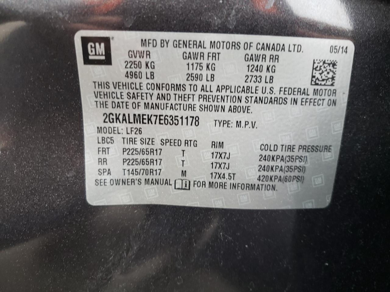 Photo 10 from auction – 2014 GMC TERRAIN SL with VIN 2GKALMEK7E6351178