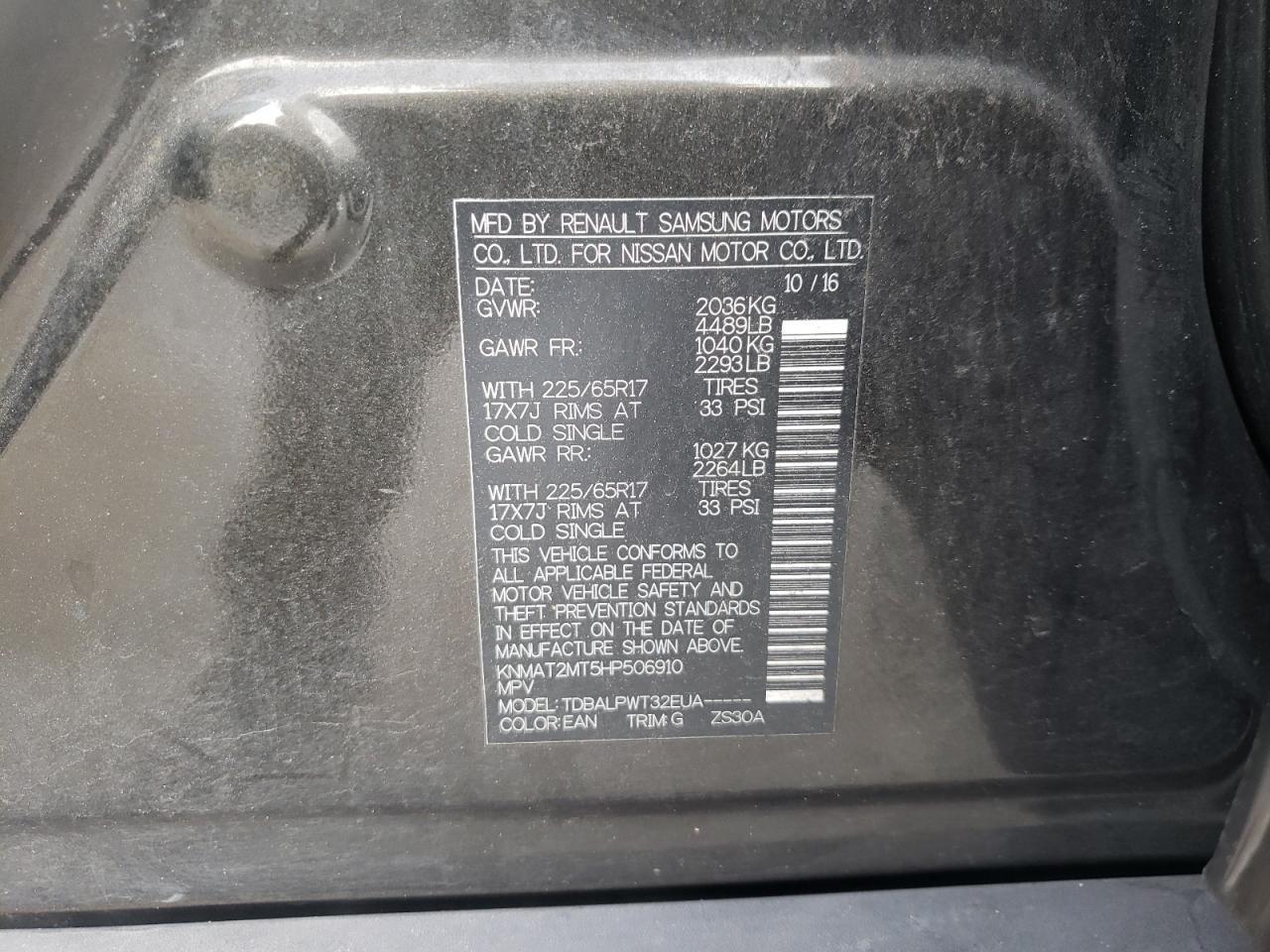 Photo 10 from auction – 2017 NISSAN ROGUE S with VIN KNMAT2MT5HP506910