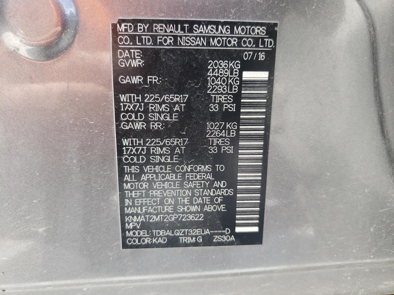 Photo 10 from auction – 2016 NISSAN ROGUE S with VIN KNMAT2MT2GP723622