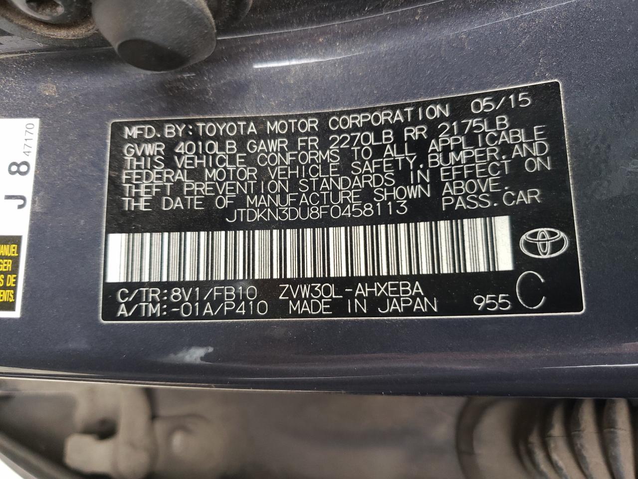 Photo 10 from auction – 2015 TOYOTA PRIUS with VIN JTDKN3DU8F0458113