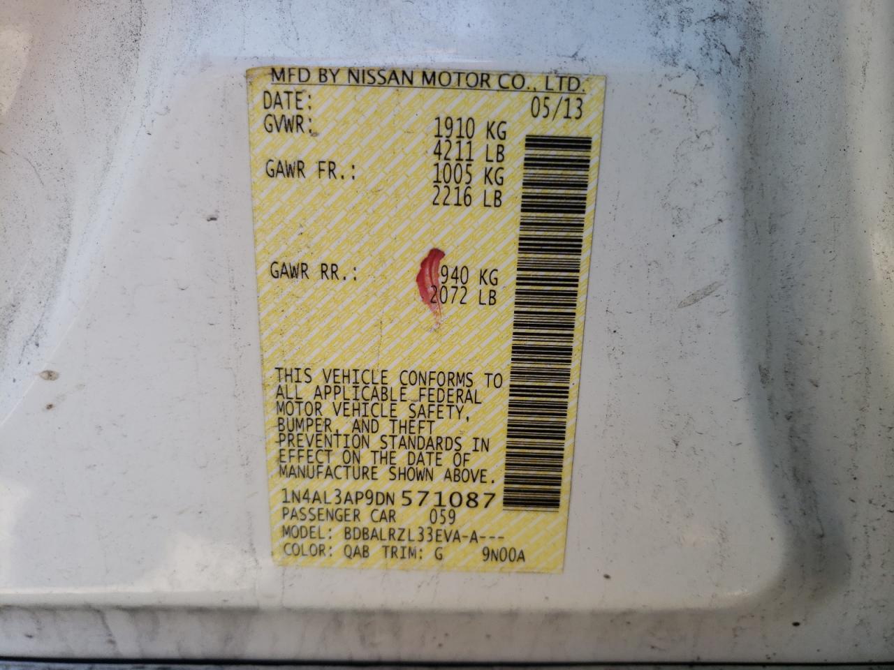 Photo 10 from auction – 2013 NISSAN ALTIMA 2.5 with VIN 1N4AL3AP9DN571087