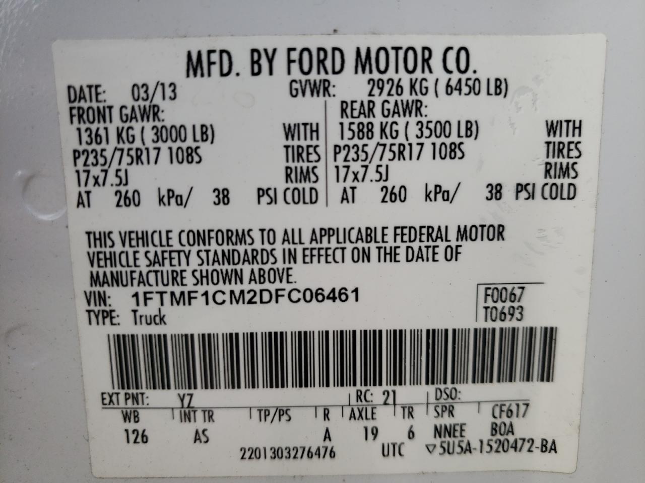 Photo 10 from auction – 2013 FORD F150 with VIN 1FTMF1CM2DFC06461