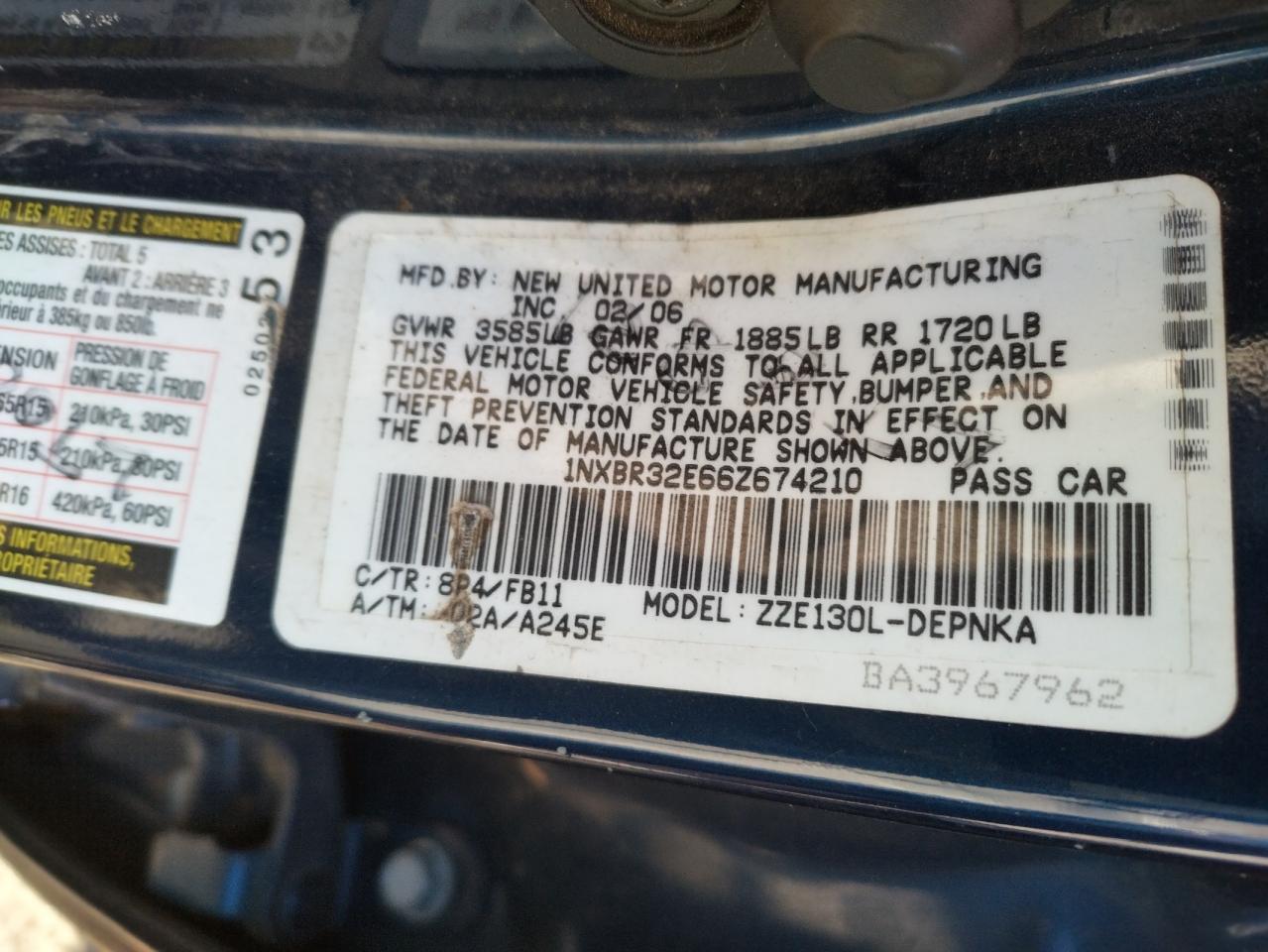 Photo 10 from auction – 2006 TOYOTA COROLLA with VIN 1NXBR32E66Z674210