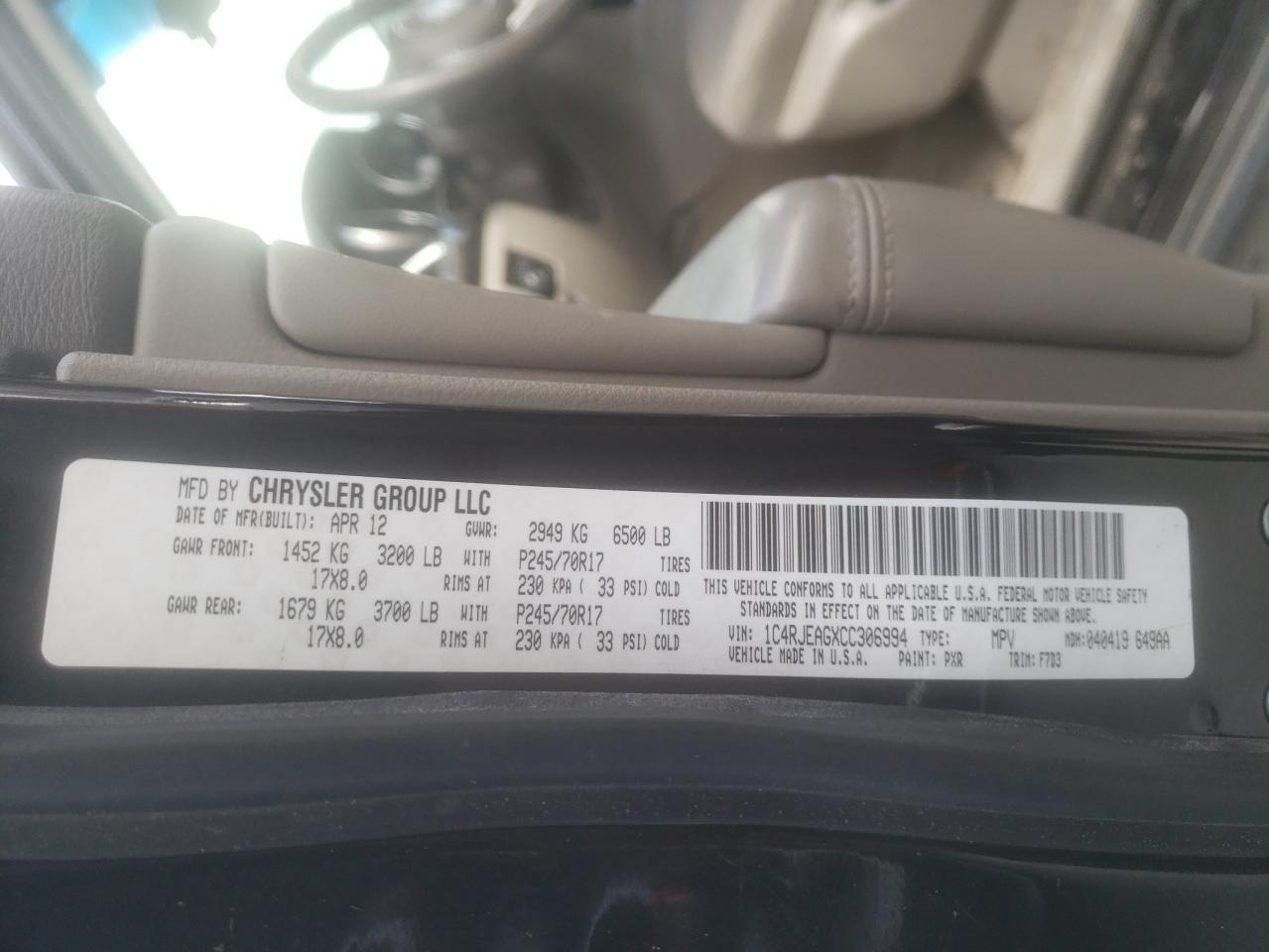 Photo 10 from auction – 2012 JEEP GRAND CHER with VIN 1C4RJEAGXCC306994