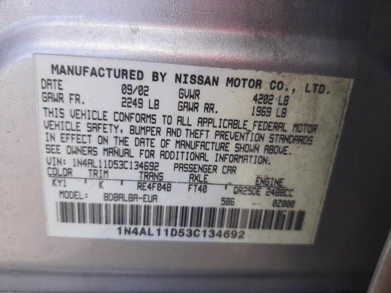 Photo 10 from auction – 2003 NISSAN ALTIMA BAS with VIN 1N4AL11D53C134692