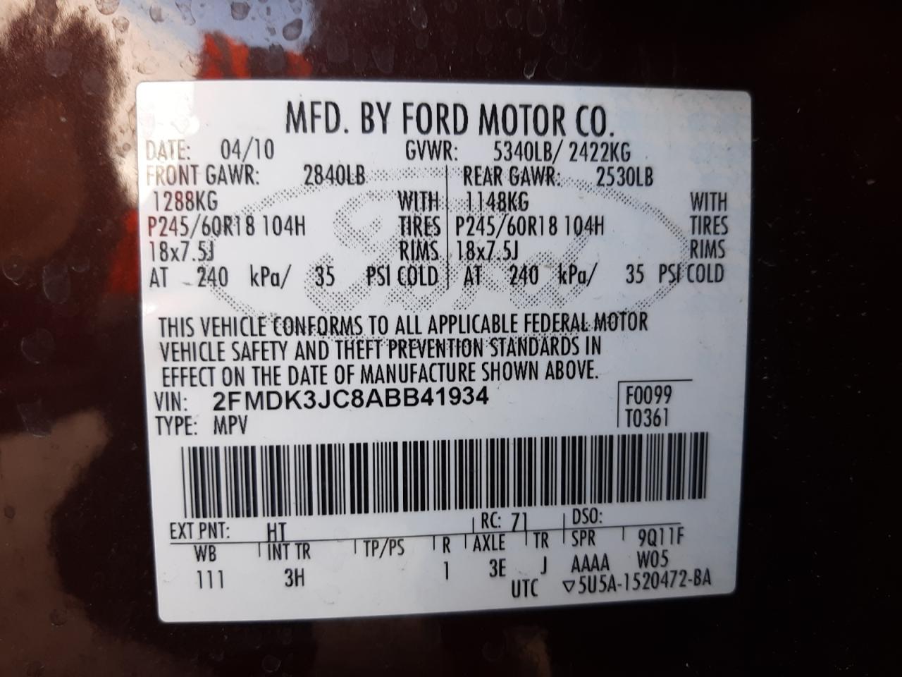 Photo 10 from auction – 2010 FORD EDGE SEL with VIN 2FMDK3JC8ABB41934