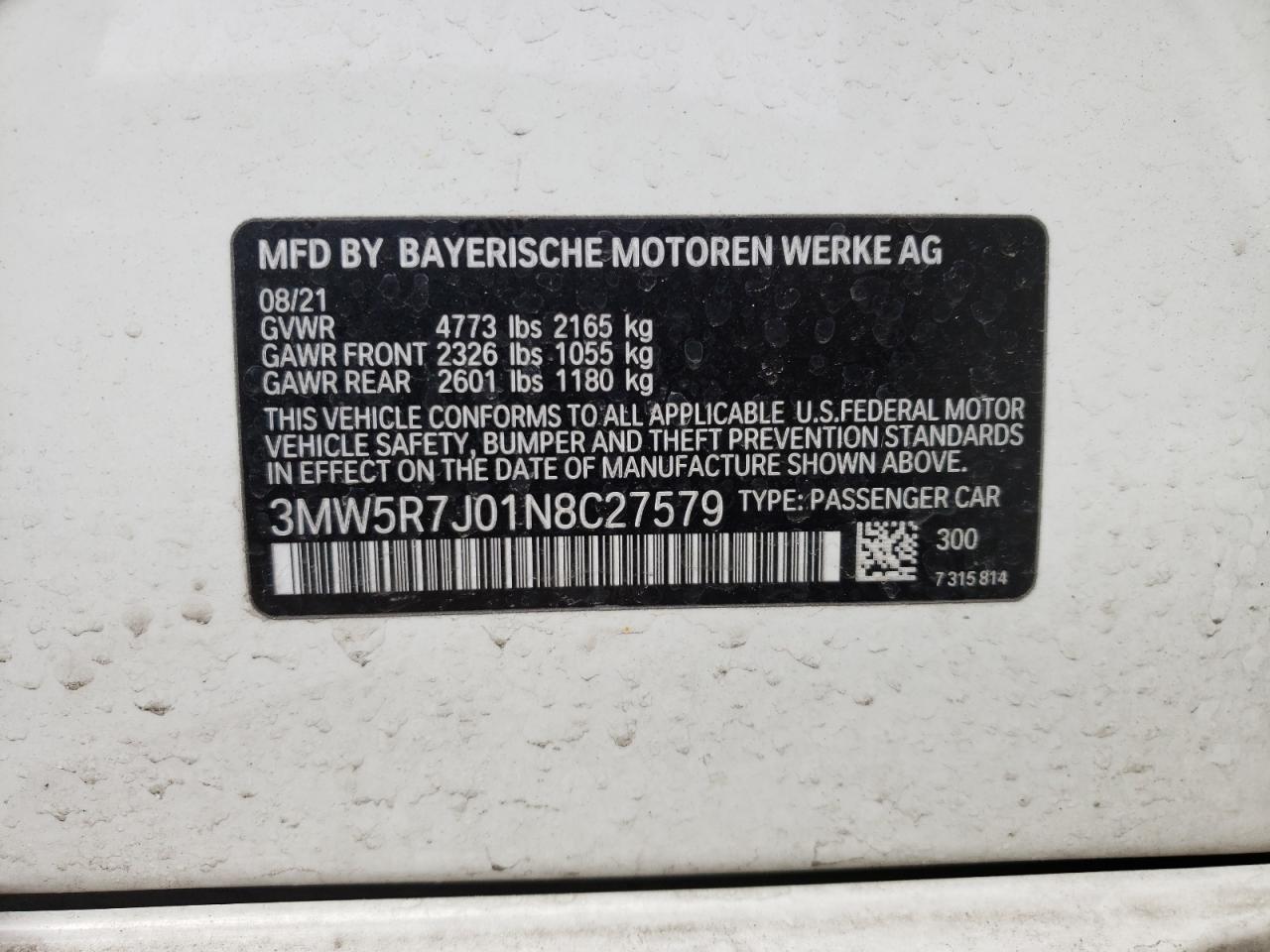 Photo 10 from auction – 2022 BMW 330XI with VIN 3MW5R7J01N8C27579