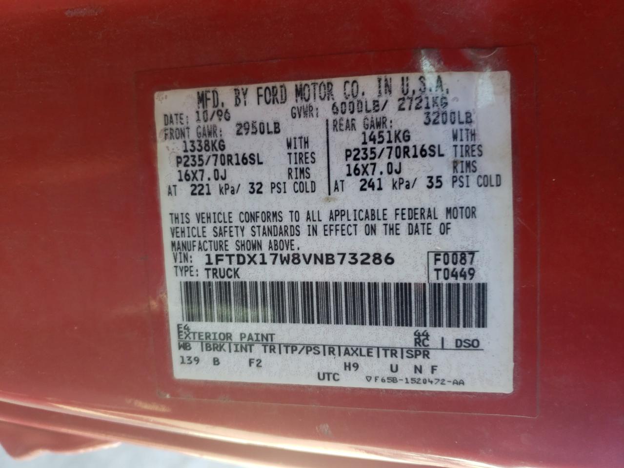Photo 10 from auction – 1997 FORD F150 with VIN 1FTDX17W8VNB73286