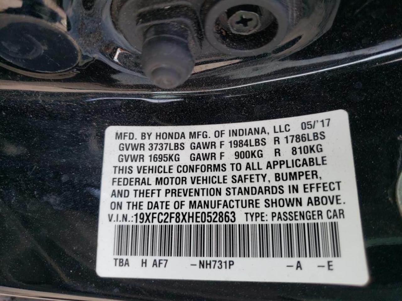 Photo 18 from auction – 2017 HONDA CIVIC EX with VIN 19XFC2F8XHE052863