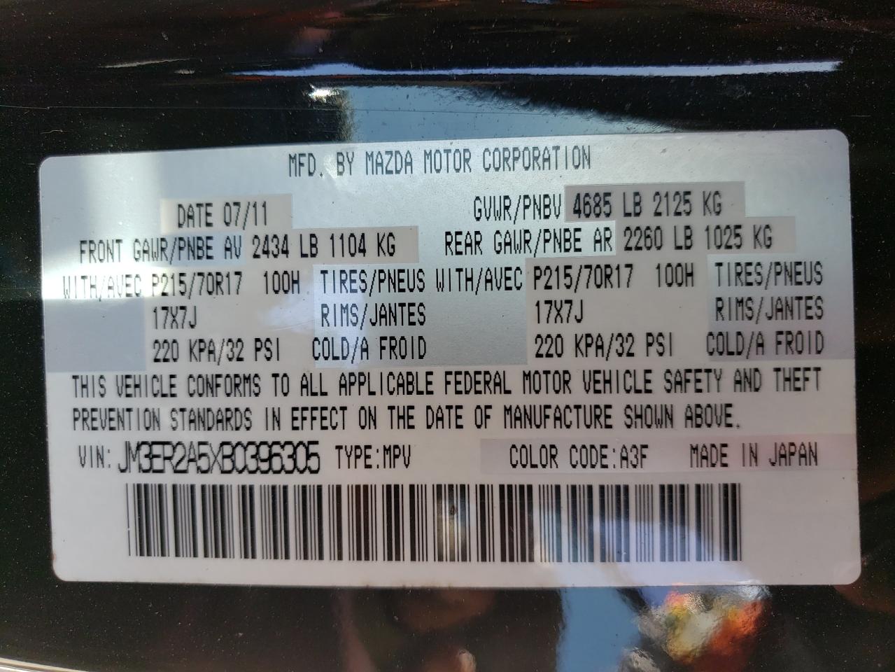 Photo 10 from auction – 2011 MAZDA CX-7 with VIN JM3ER2A5XB0396305