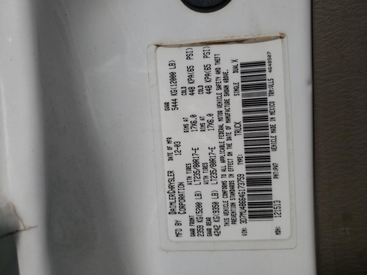 Photo 10 from auction – 2004 DODGE RAM 3500 S with VIN 3D7MU48664G173759