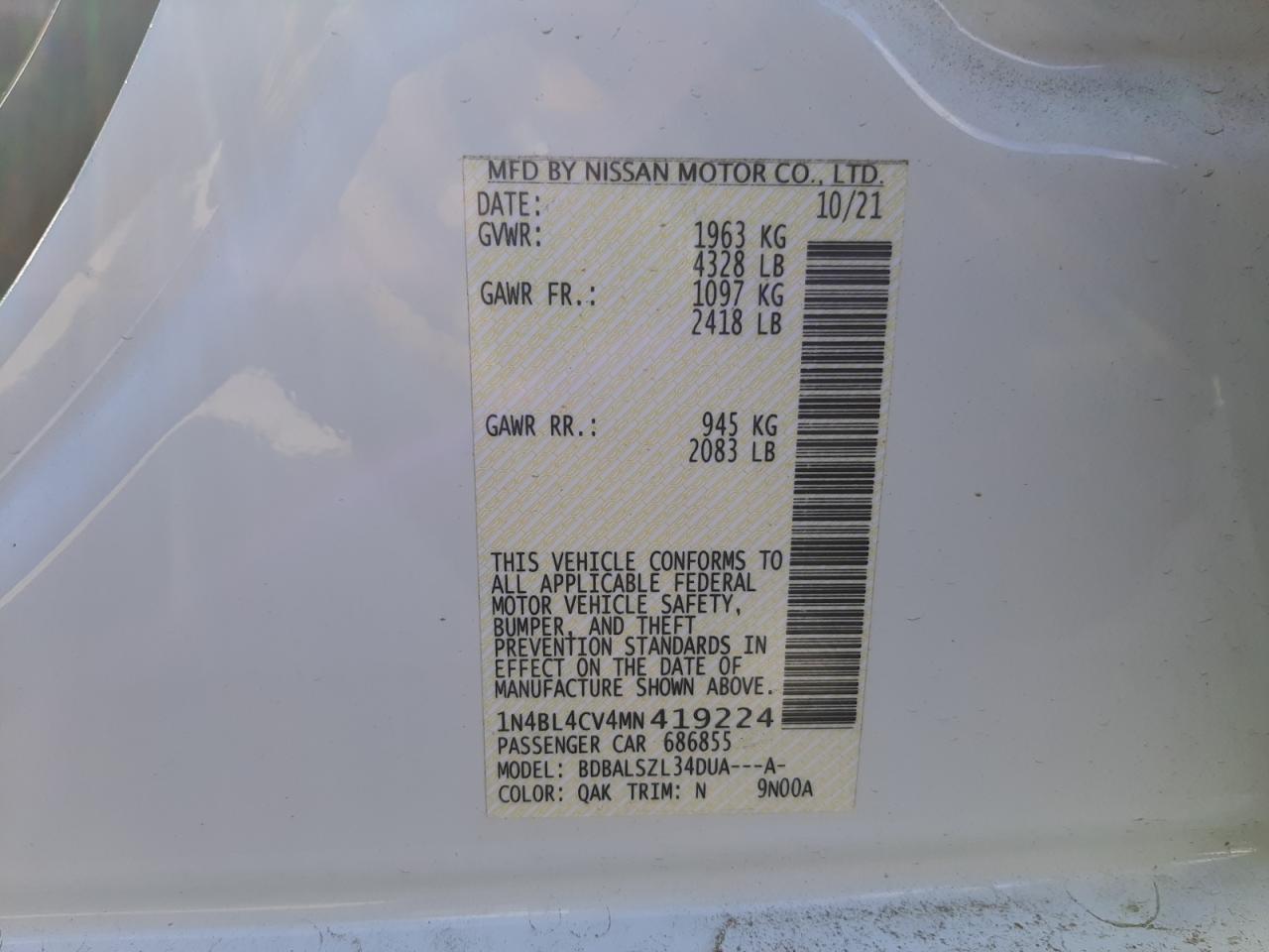 Photo 10 from auction – 2021 NISSAN ALTIMA SR with VIN 1N4BL4CV4MN419224