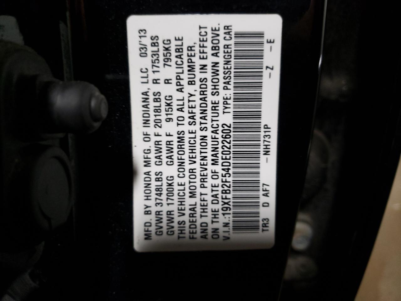 Photo 10 from auction – 2013 HONDA CIVIC LX with VIN 19XFB2F54DE022602