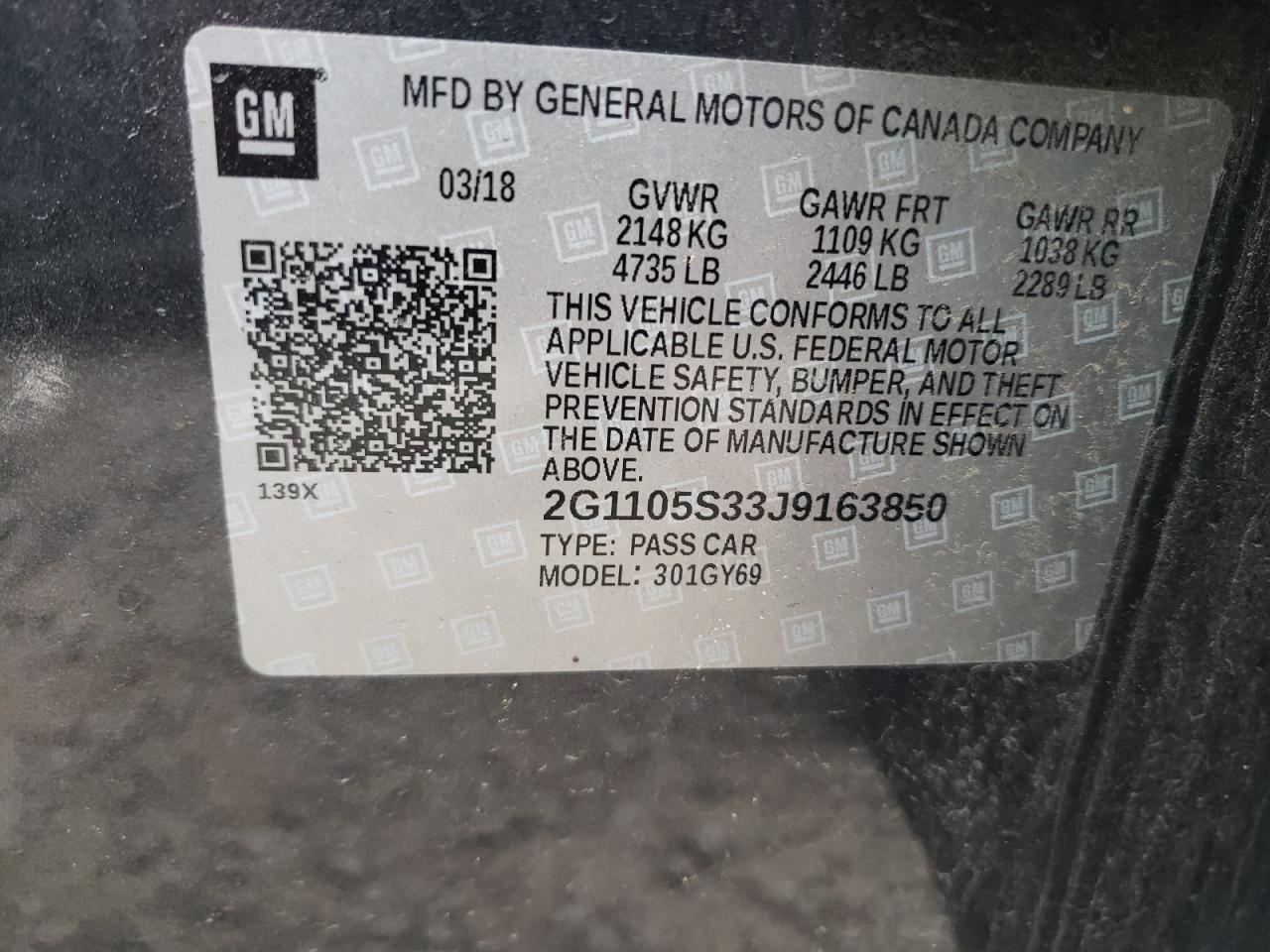 Photo 10 from auction – 2018 CHEVROLET IMPALA LT with VIN 2G1105S33J9163850