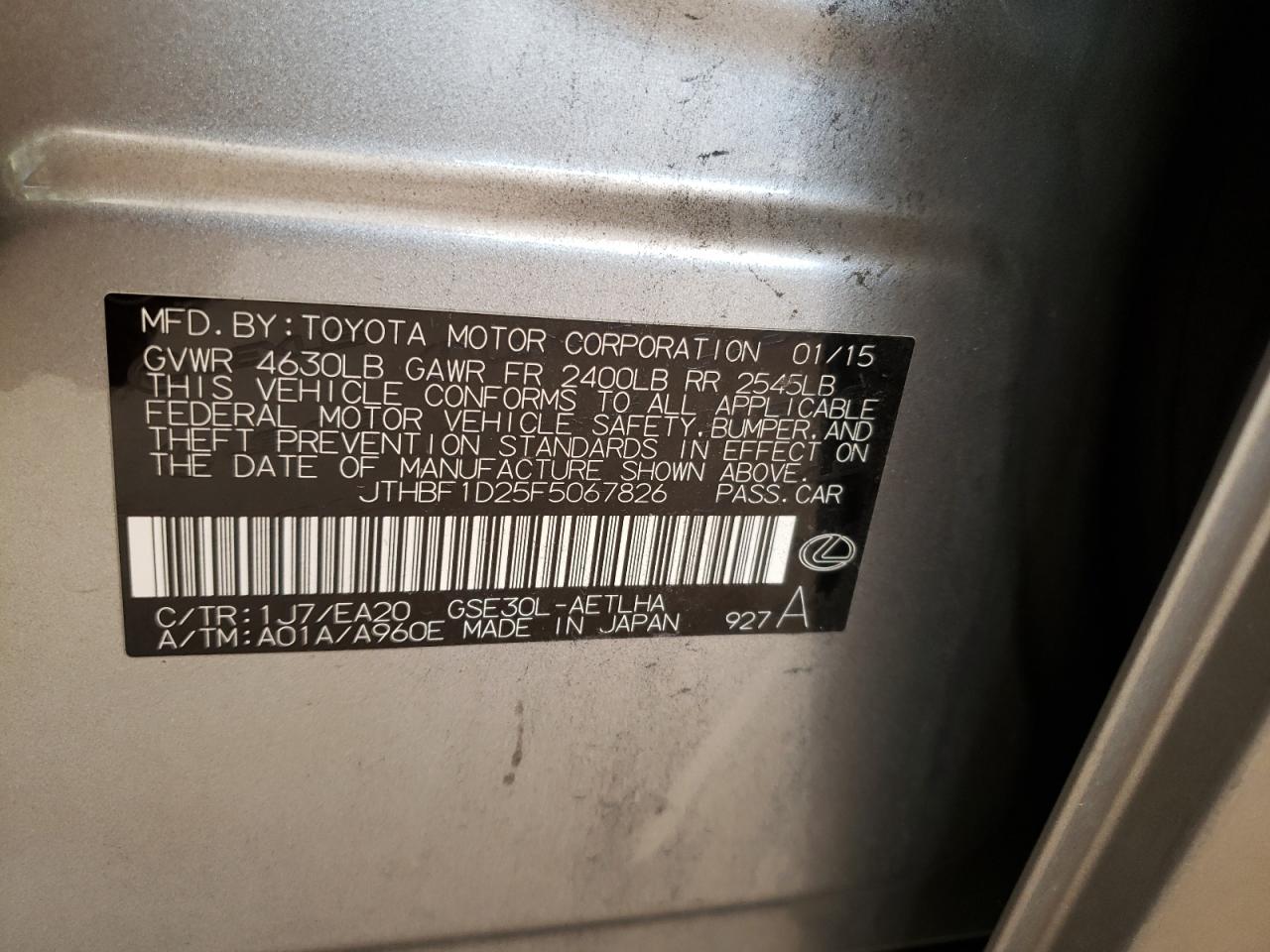 Photo 10 from auction – 2015 LEXUS IS 250 with VIN JTHBF1D25F5067826