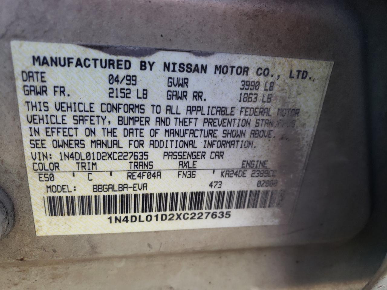 Photo 10 from auction – 1999 NISSAN ALTIMA with VIN 1N4DL01D2XC227635