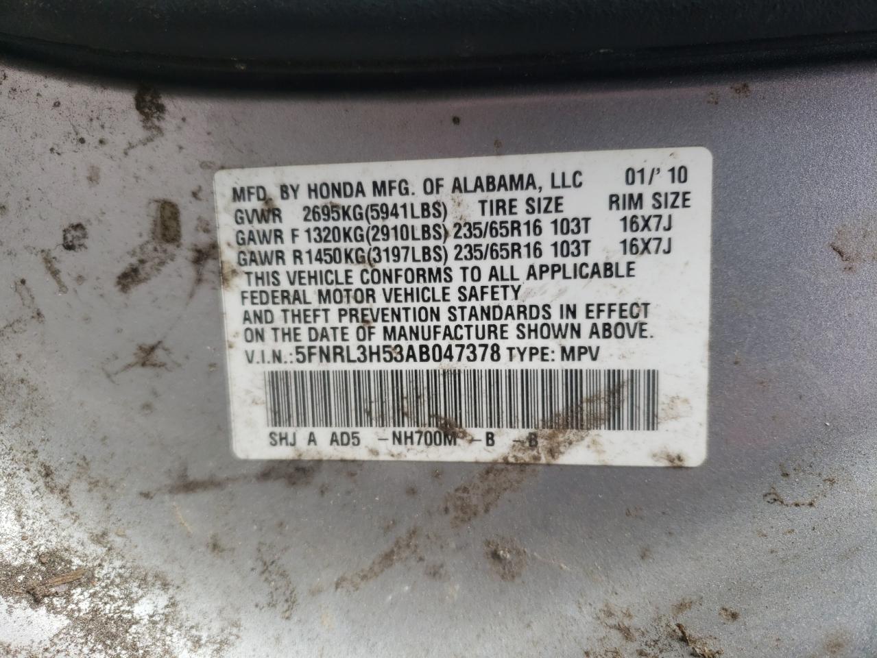 Photo 10 from auction – 2010 HONDA ODYSSEY EX with VIN 5FNRL3H53AB047378