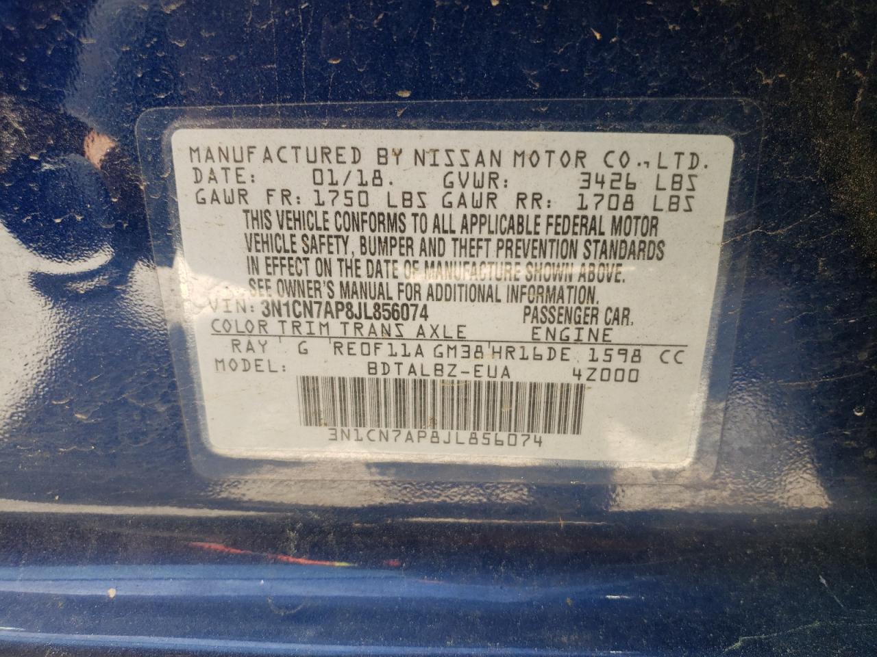Photo 10 from auction – 2018 NISSAN VERSA S with VIN 3N1CN7AP8JL856074