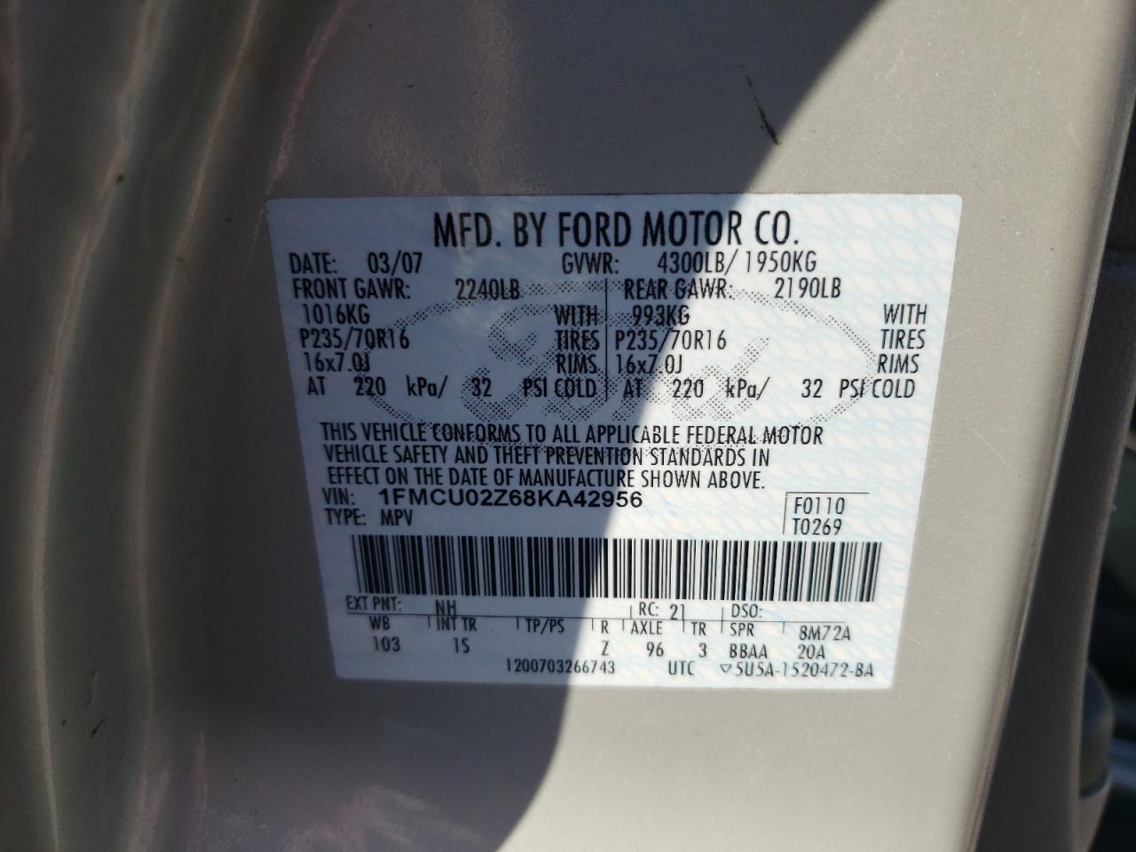 Photo 10 from auction – 2008 FORD ESCAPE XLS with VIN 1FMCU02Z68KA42956