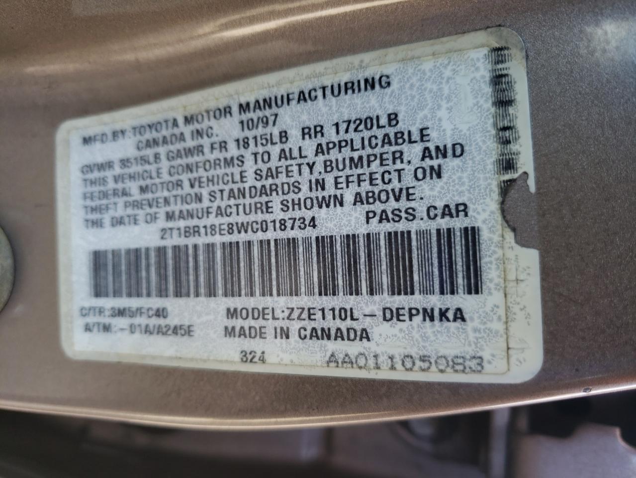 Photo 10 from auction – 1998 TOYOTA COROLLA VE with VIN 2T1BR18E8WC018734
