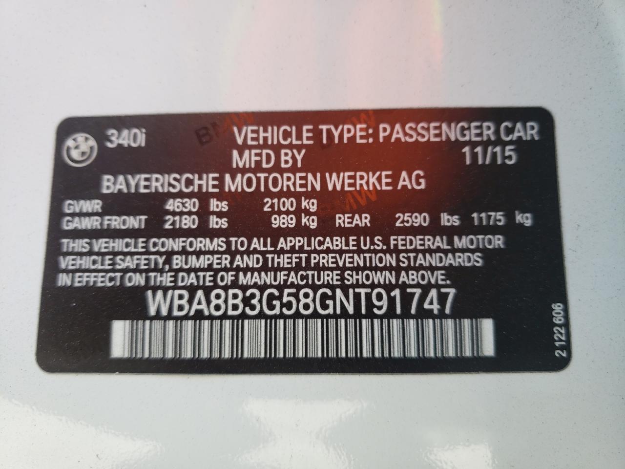 Photo 10 from auction – 2016 BMW 340 I with VIN WBA8B3G58GNT91747