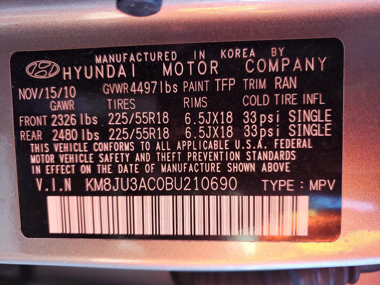 Photo 10 from auction – 2011 HYUNDAI TUCSON GLS with VIN KM8JU3AC0BU210690