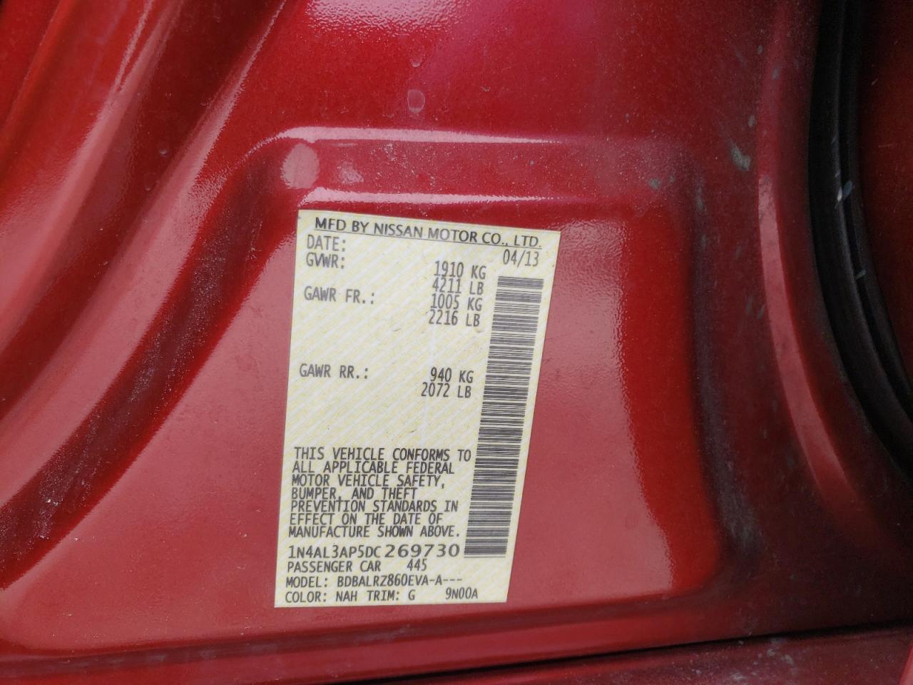 Photo 10 from auction – 2013 NISSAN ALTIMA 2.5 with VIN 1N4AL3AP5DC269730