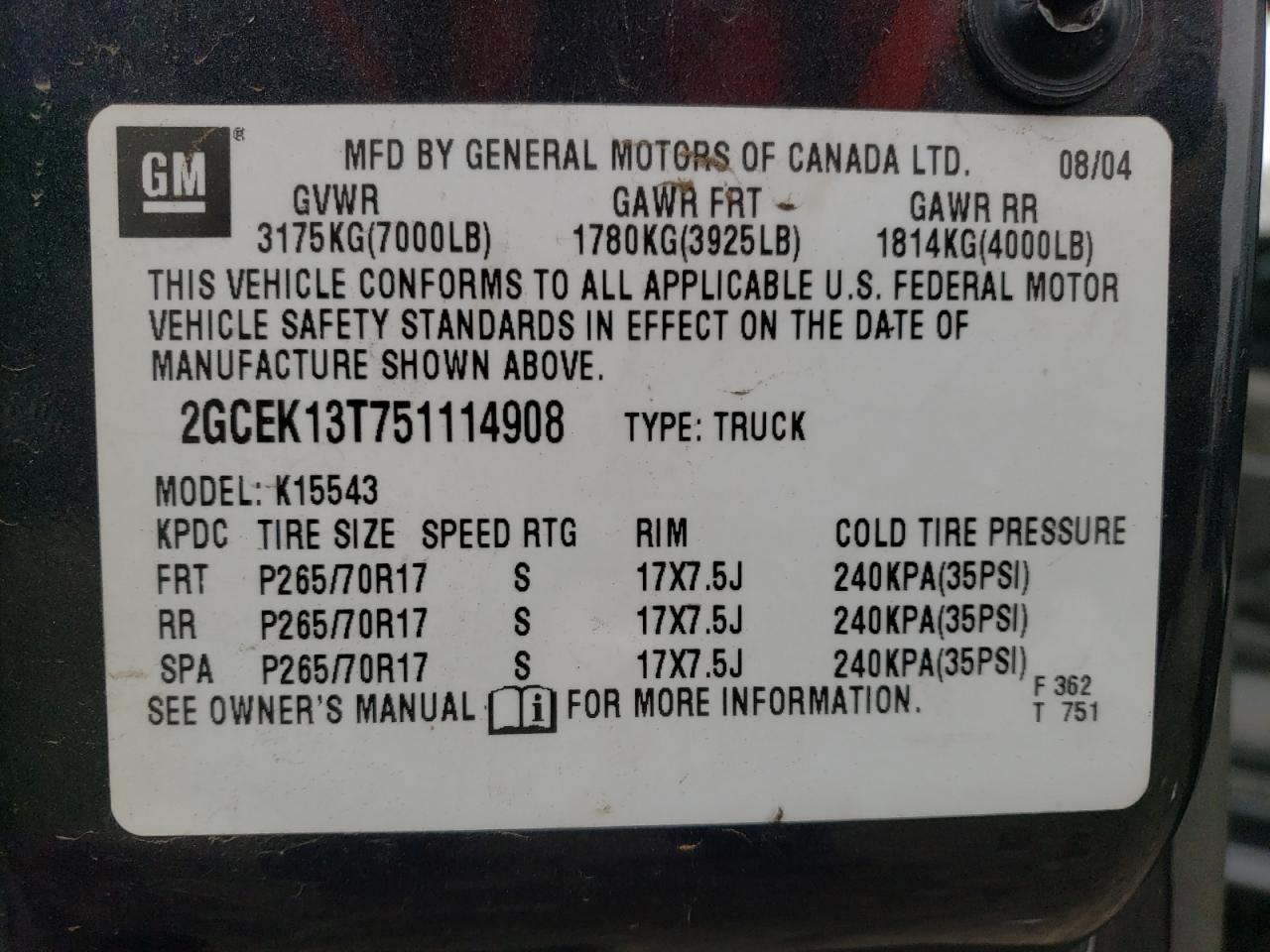 Photo 10 from auction – 2005 CHEVROLET SILVERADO with VIN 2GCEK13T751114908