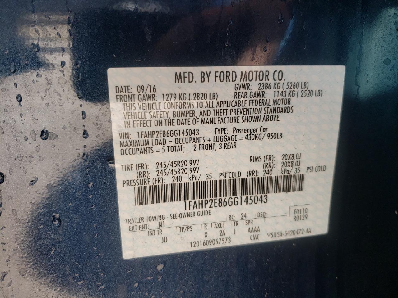 Photo 10 from auction – 2016 FORD TAURUS SEL with VIN 1FAHP2E86GG145043
