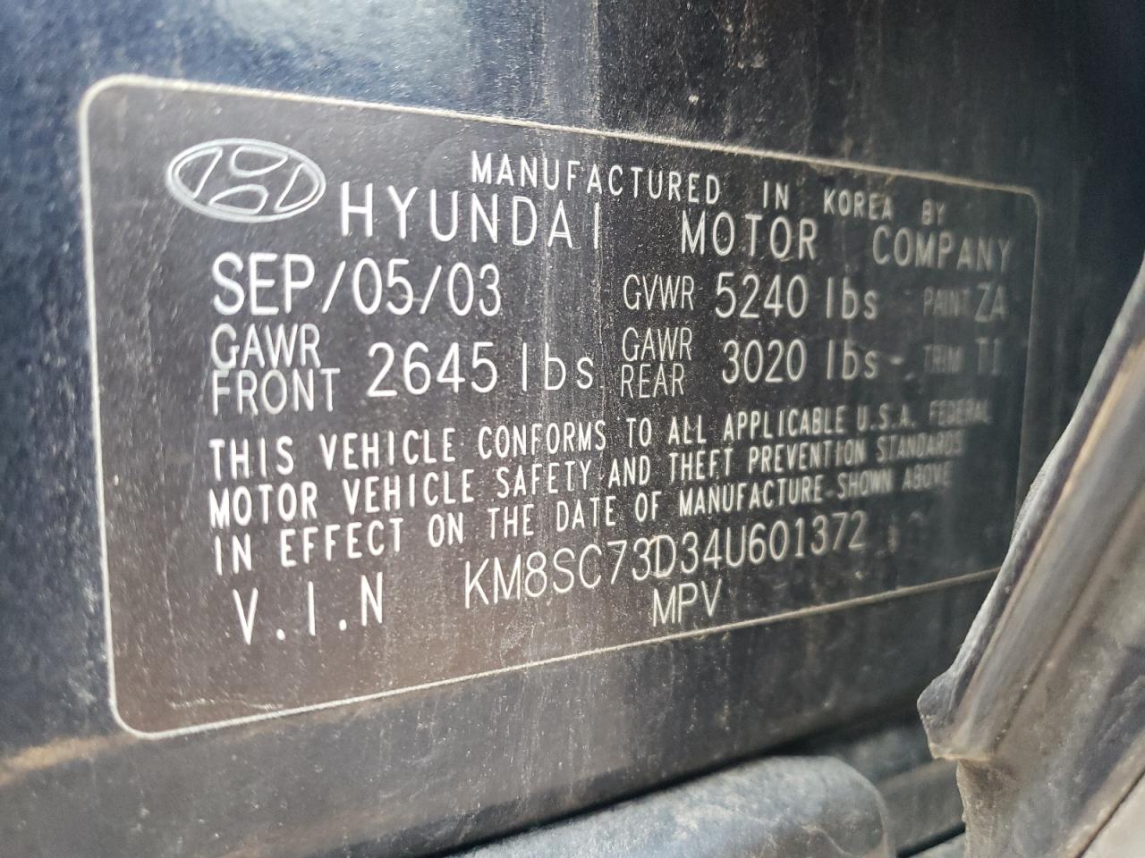 Photo 10 from auction – 2004 HYUNDAI SANTA FE G with VIN KM8SC73D34U601372