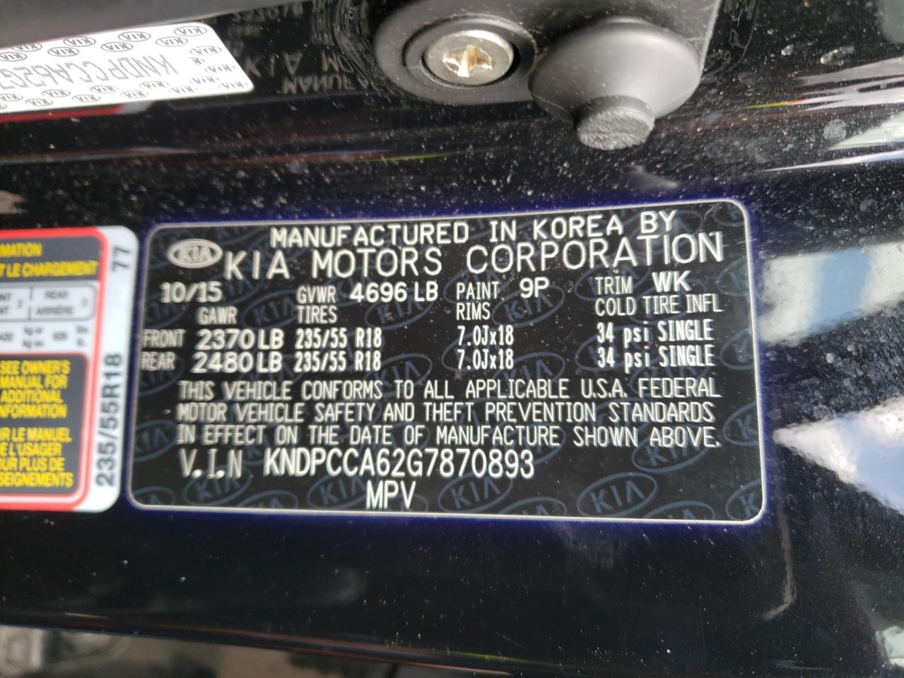 Photo 10 from auction – 2016 KIA SPORTAGE E with VIN KNDPCCA62G7870893