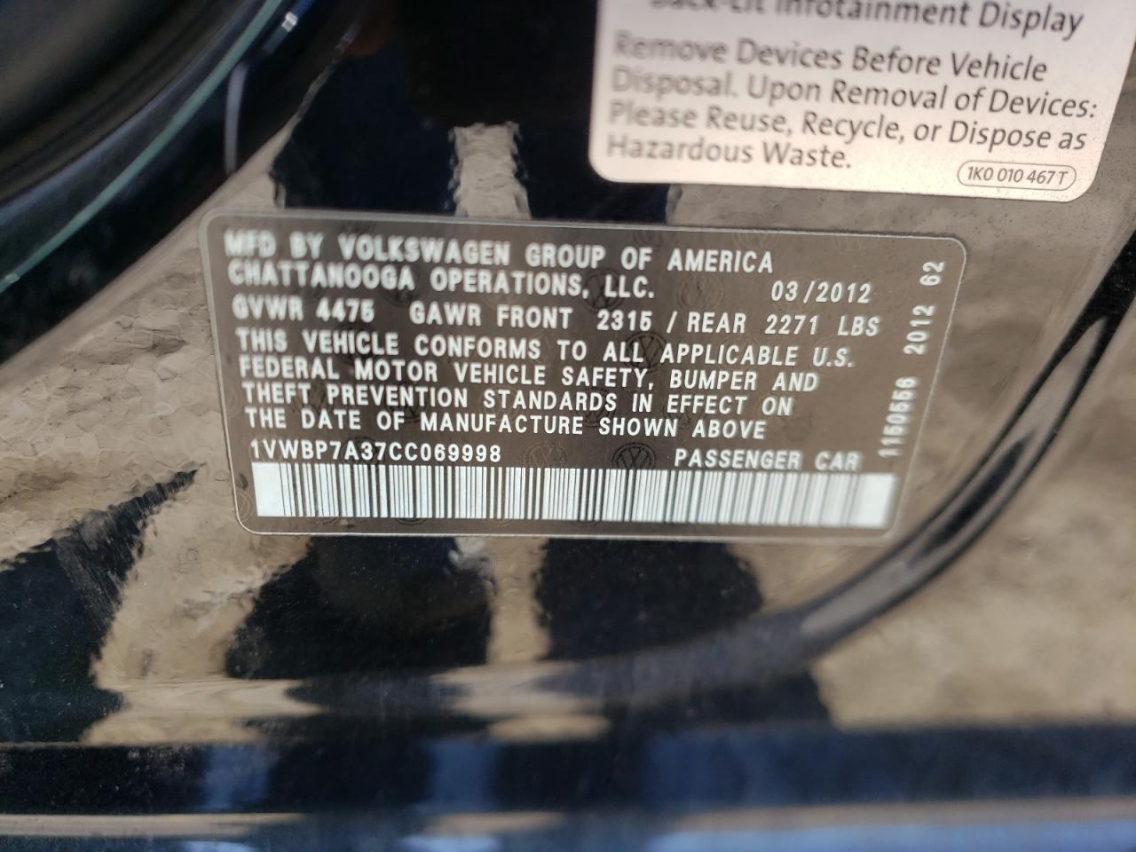 Photo 10 from auction – 2012 VOLKSWAGEN PASSAT SE with VIN 1VWBP7A37CC069998