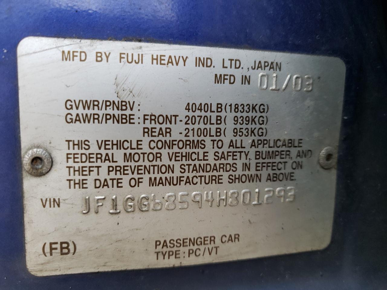 Photo 10 from auction – 2004 SUBARU IMPREZA OU with VIN JF1GG68594H801293