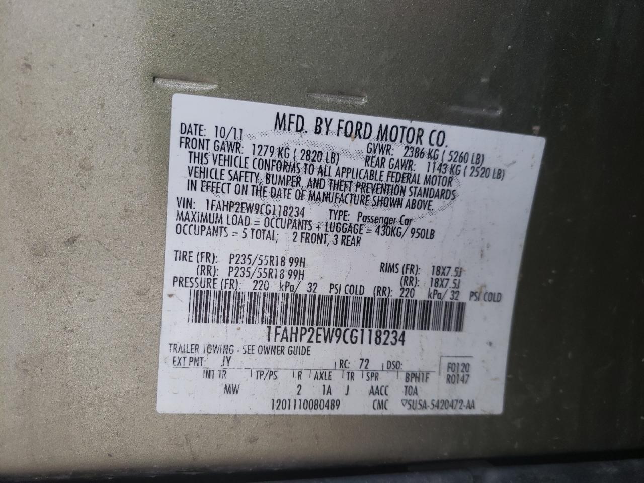 Photo 10 from auction – 2012 FORD TAURUS SEL with VIN 1FAHP2EW9CG118234