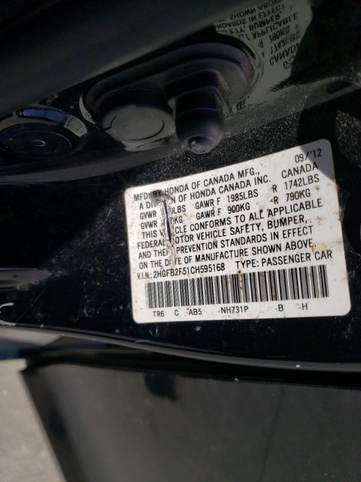 Photo 10 from auction – 2012 HONDA CIVIC LX with VIN 2HGFB2F51CH595168