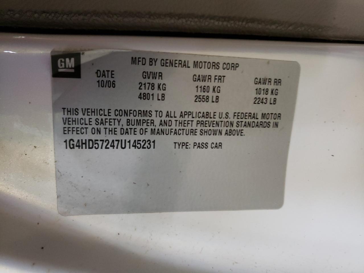 Photo 10 from auction – 2007 BUICK LUCERNE CX with VIN 1G4HD57247U145231
