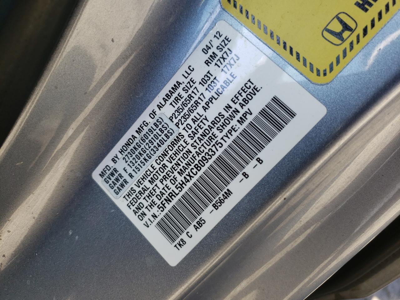 Photo 10 from auction – 2012 HONDA ODYSSEY with VIN 5FNRL5H4XCB093375