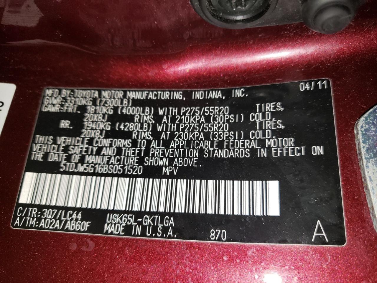 Photo 10 from auction – 2011 TOYOTA SEQUOIA LI with VIN 5TDJW5G16BS051520