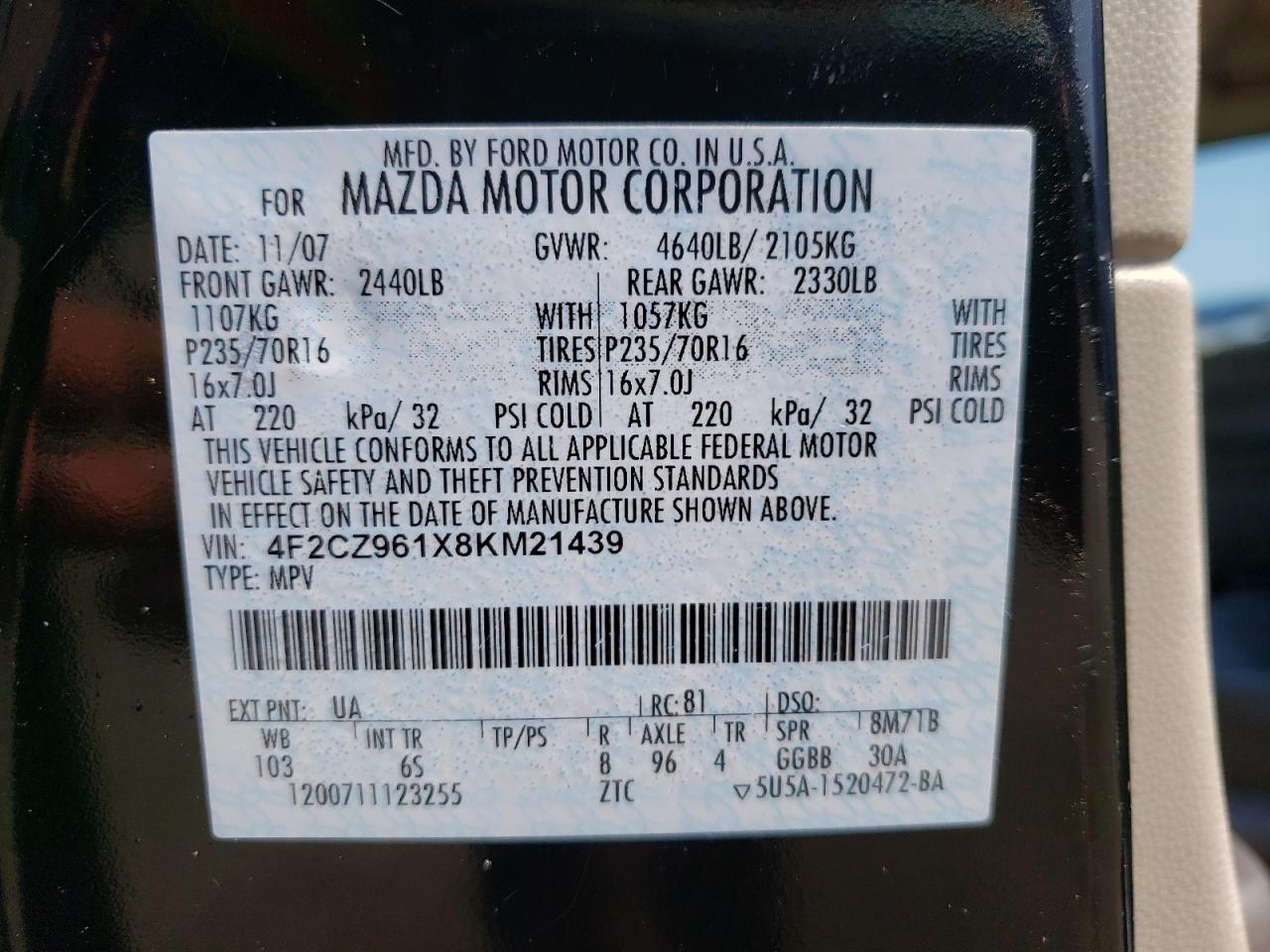 Photo 10 from auction – 2008 MAZDA TRIBUTE S with VIN 4F2CZ961X8KM21439