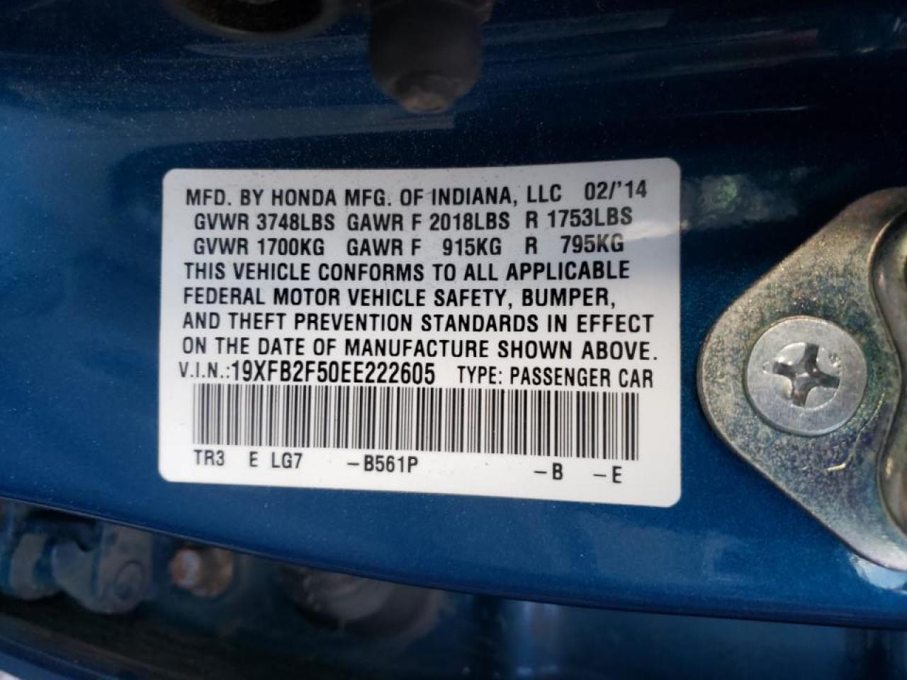 Photo 10 from auction – 2014 HONDA CIVIC LX with VIN 19XFB2F50EE222605