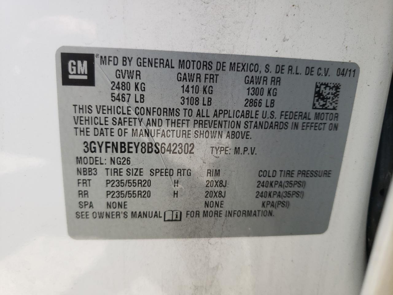 Photo 10 from auction – 2011 CADILLAC SRX PERFOR with VIN 3GYFNBEY8BS642302