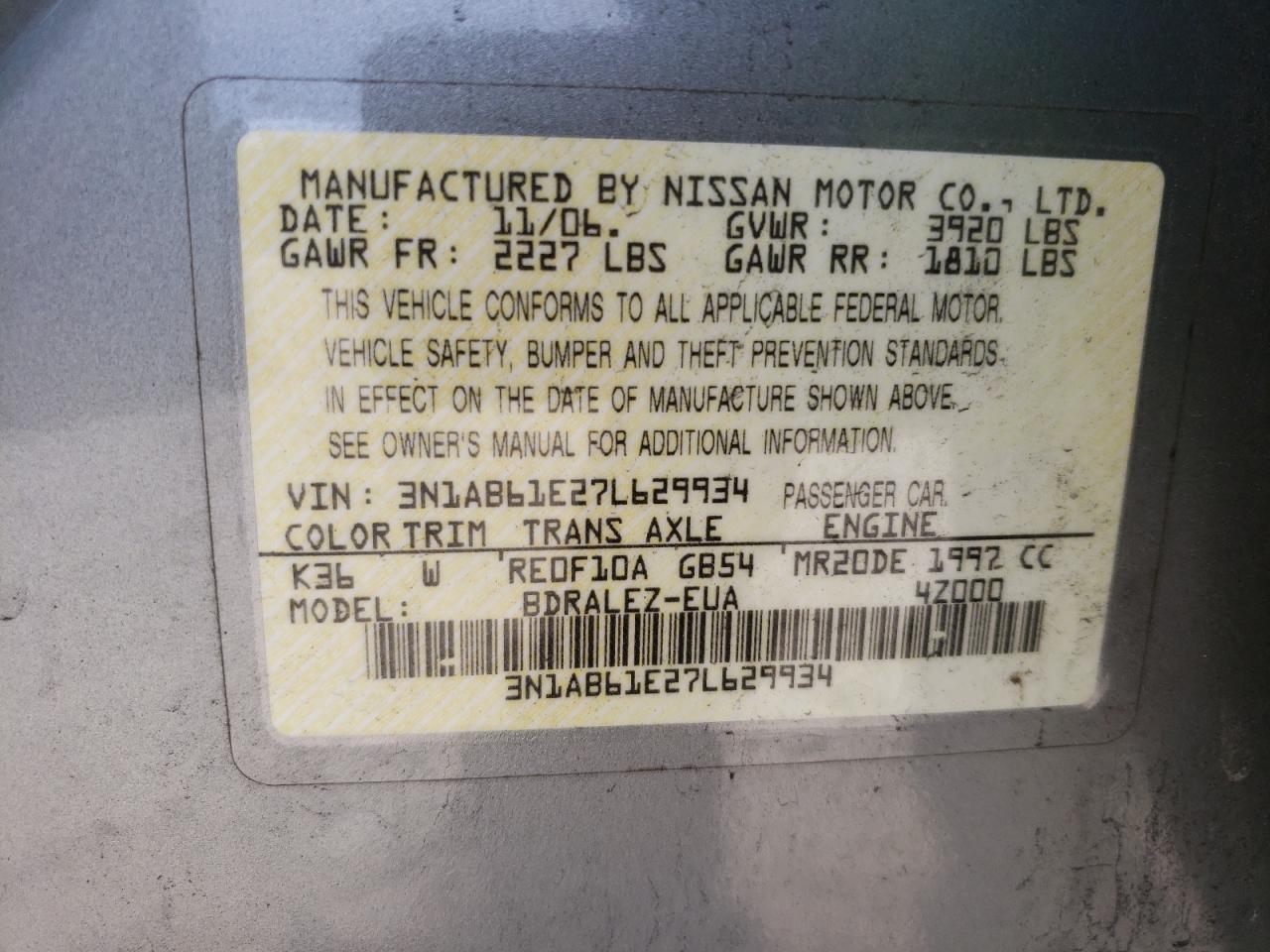 Photo 10 from auction – 2007 NISSAN SENTRA 2.0 with VIN 3N1AB61E27L629934