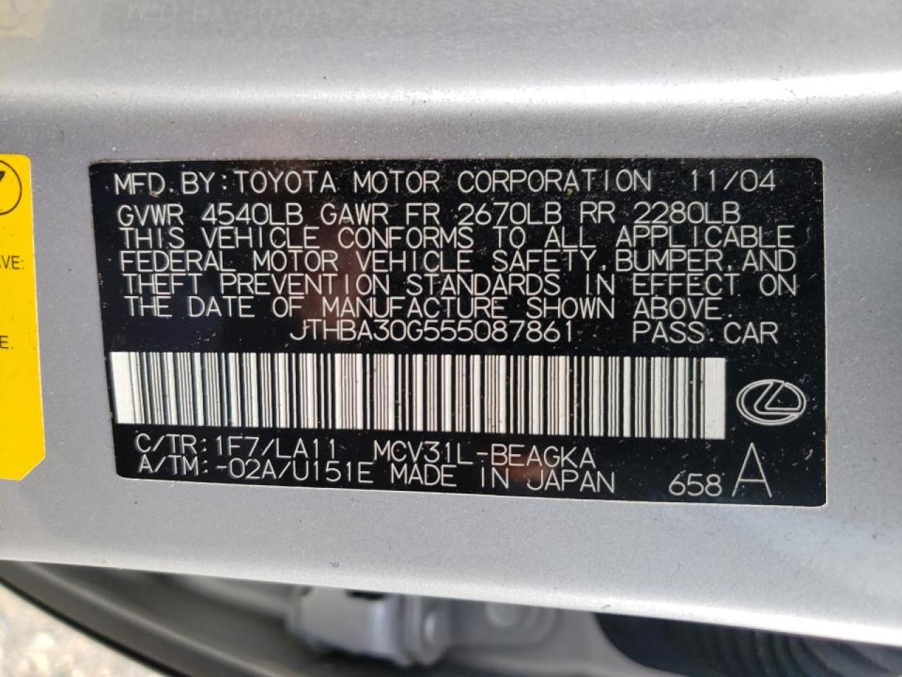 Photo 10 from auction – 2005 LEXUS ES 330 with VIN JTHBA30G555087861